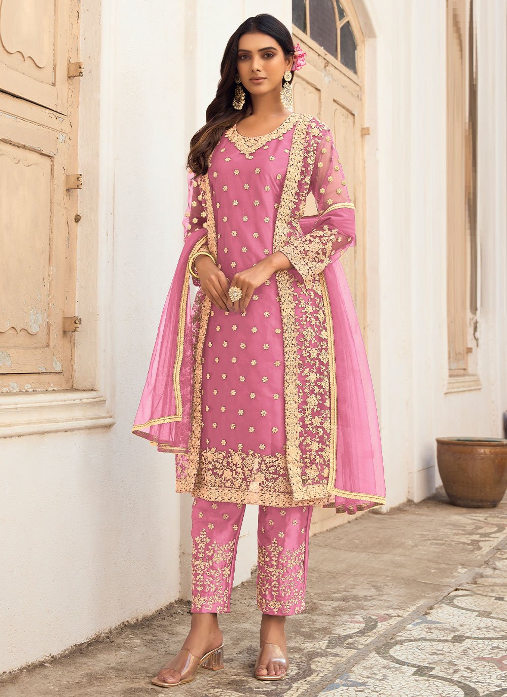 Trendy Suit Net Pink Embroidered Salwar Kameez