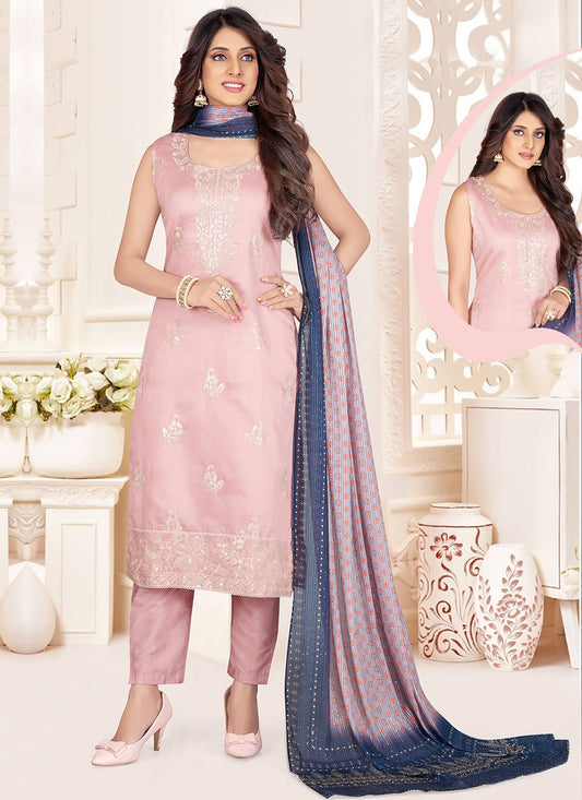 Salwar Suit Chanderi Pink Embroidered Salwar Kameez