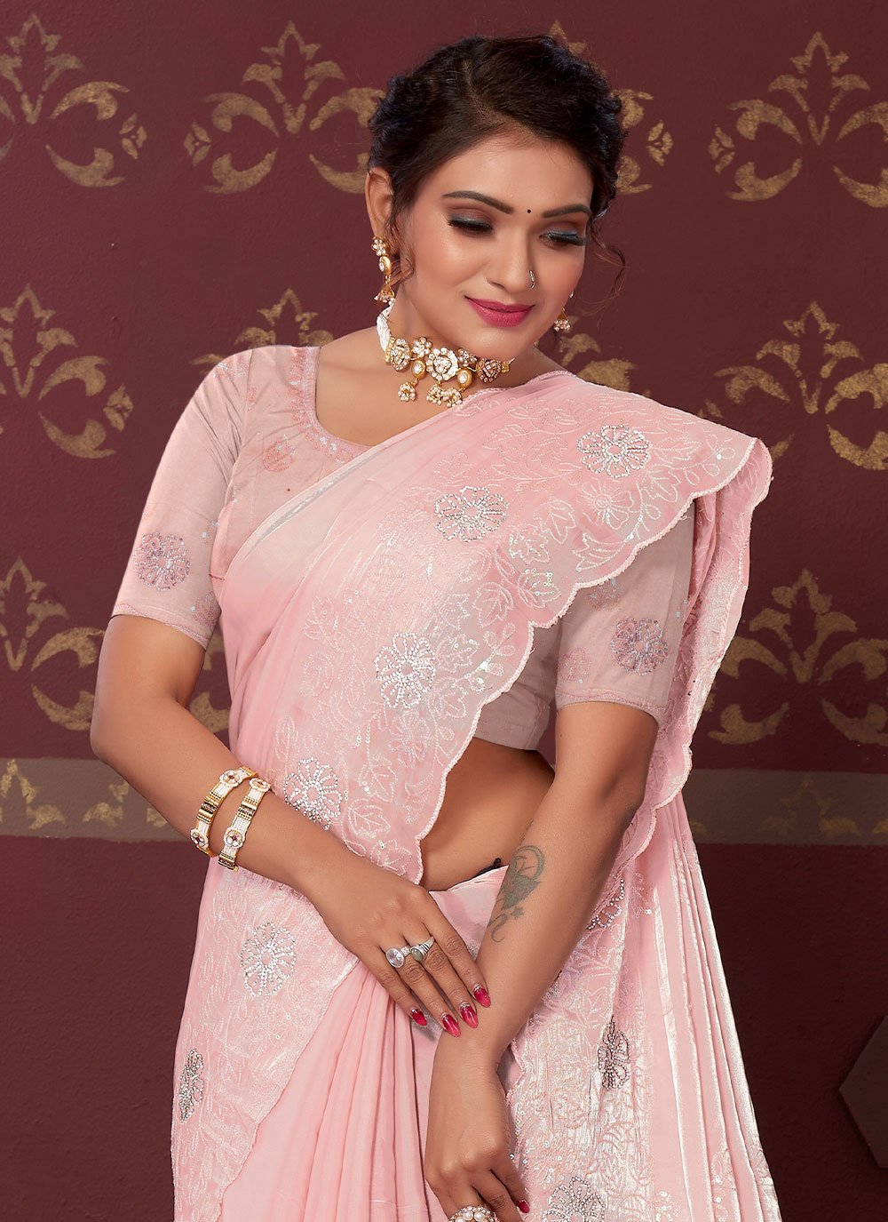 Classic Net Pink Embroidered Saree