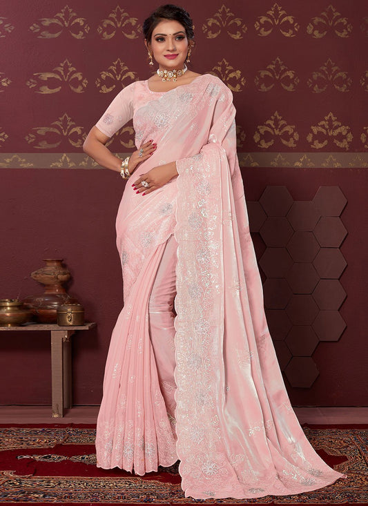 Classic Net Pink Embroidered Saree