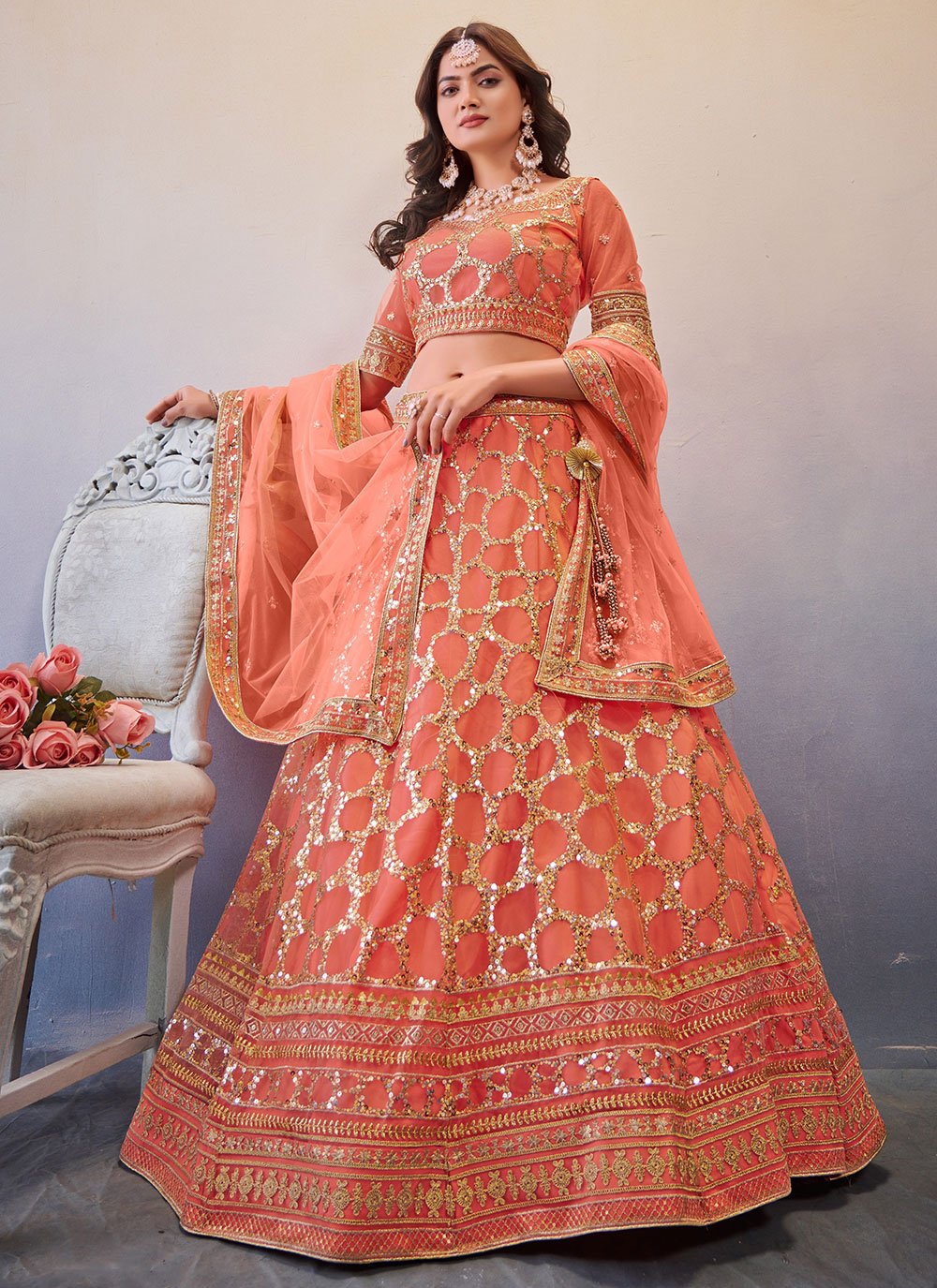 Lehenga Choli Net Pink Embroidered Lehenga Choli