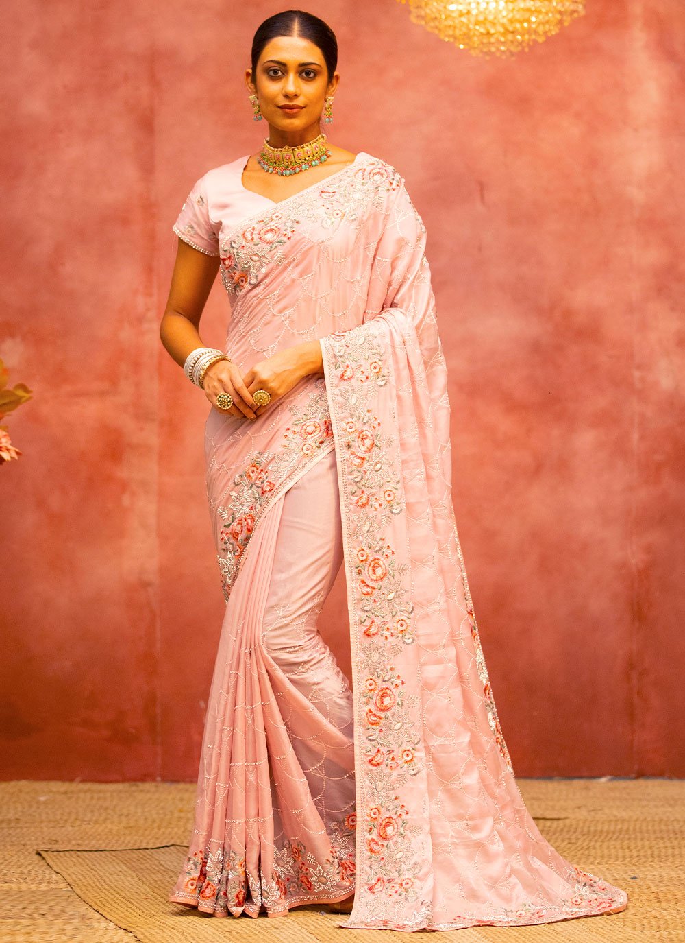 Trendy Saree Satin Silk Pink Embroidered Saree