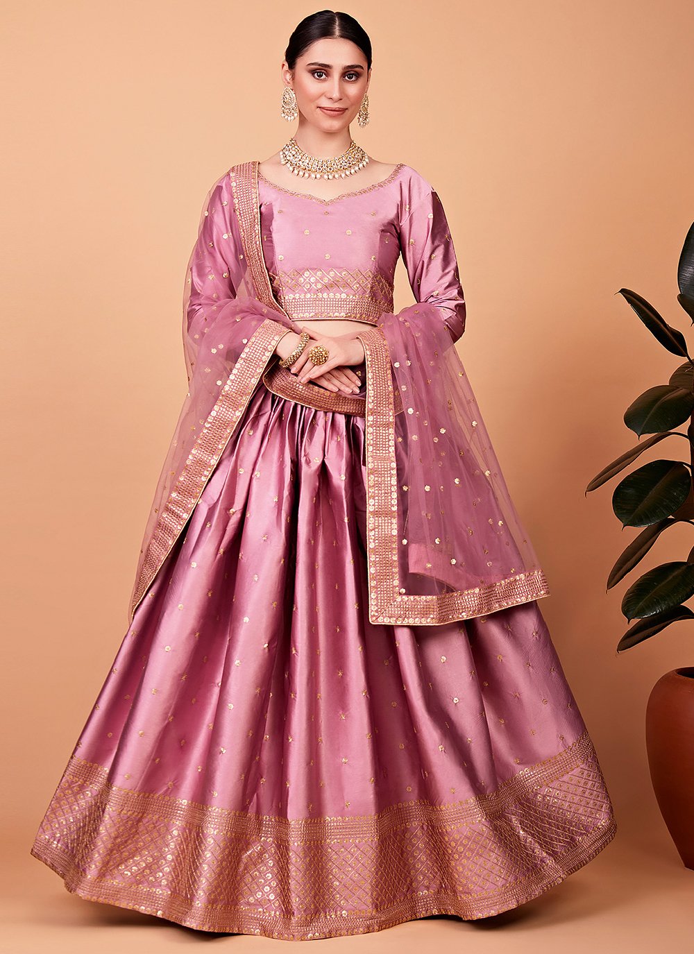 A Line Lehenga Silk Pink Embroidered Lehenga Choli