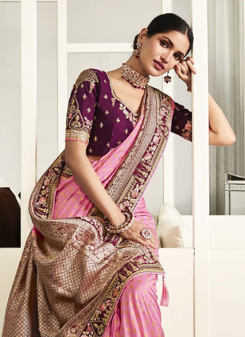 Designer Silk Pink Embroidered Saree