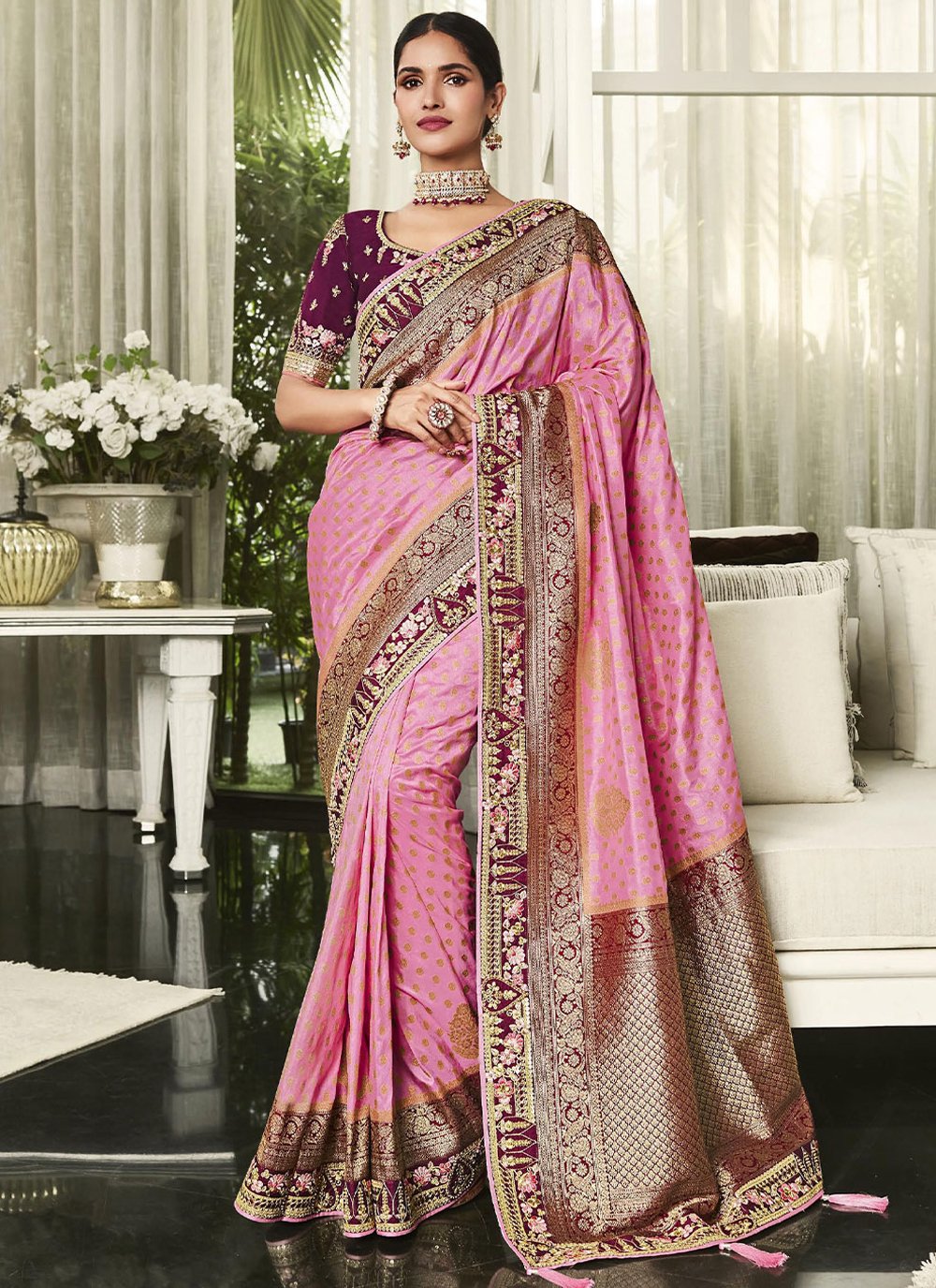 Designer Silk Pink Embroidered Saree