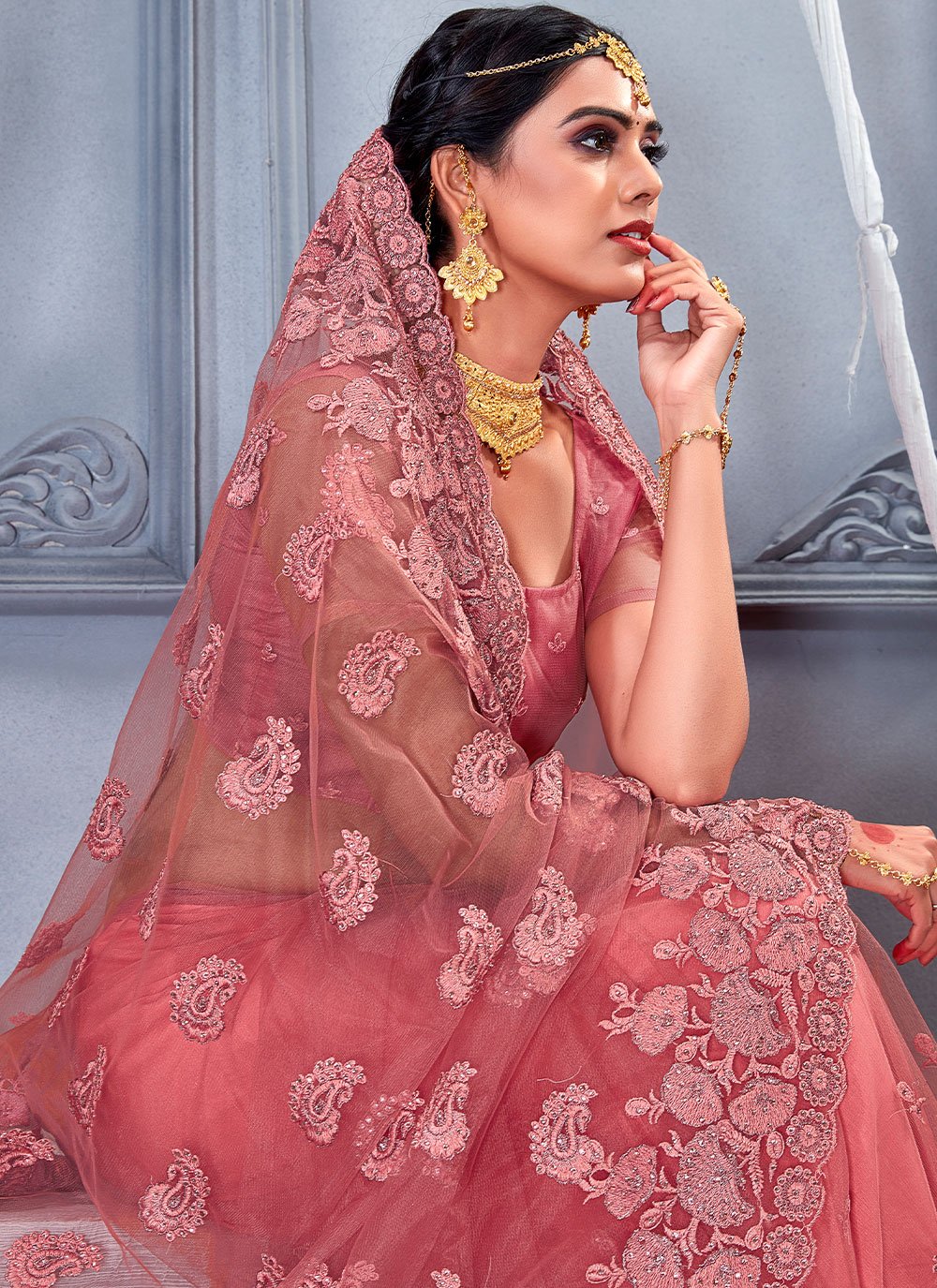 Trendy Saree Net Pink Embroidered Saree