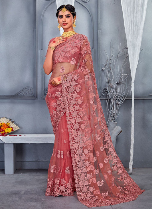 Trendy Saree Net Pink Embroidered Saree