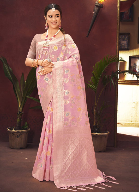 Designer Silk Pink Weaving Saree