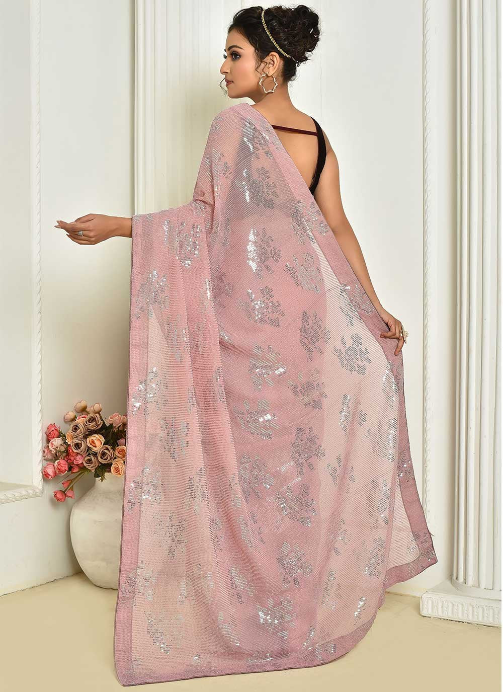 Designer Georgette Pink Embroidered Saree