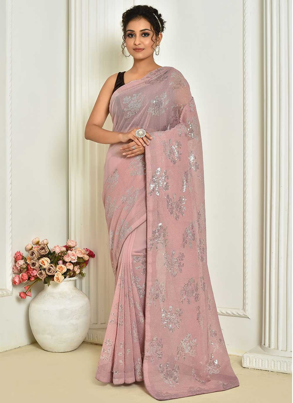 Designer Georgette Pink Embroidered Saree