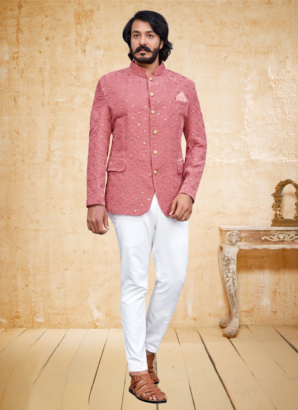 Jodhpuri Suit Velvet Pink Embroidered Mens