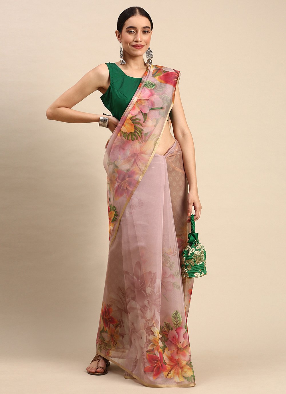 Casual Organza Pink Print Saree