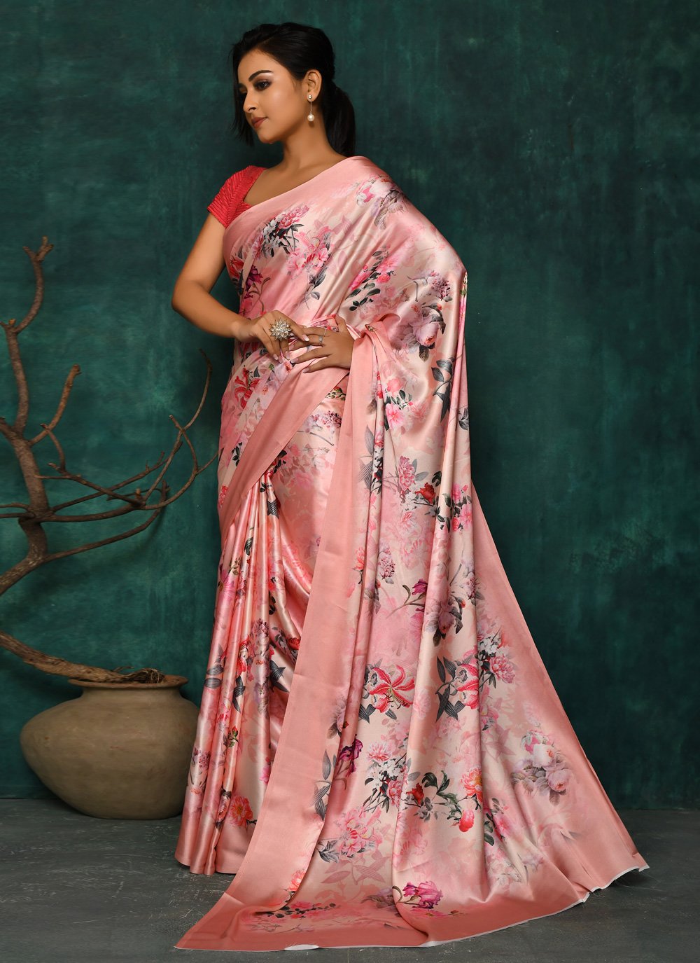 Designer Satin Pink Digital Print Saree