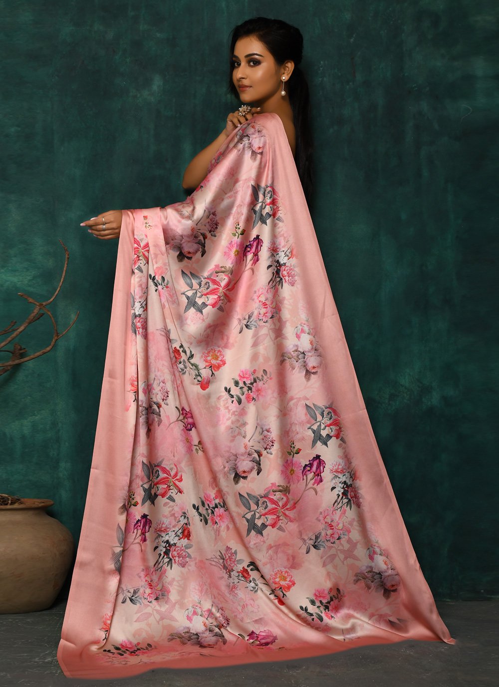 Designer Satin Pink Digital Print Saree