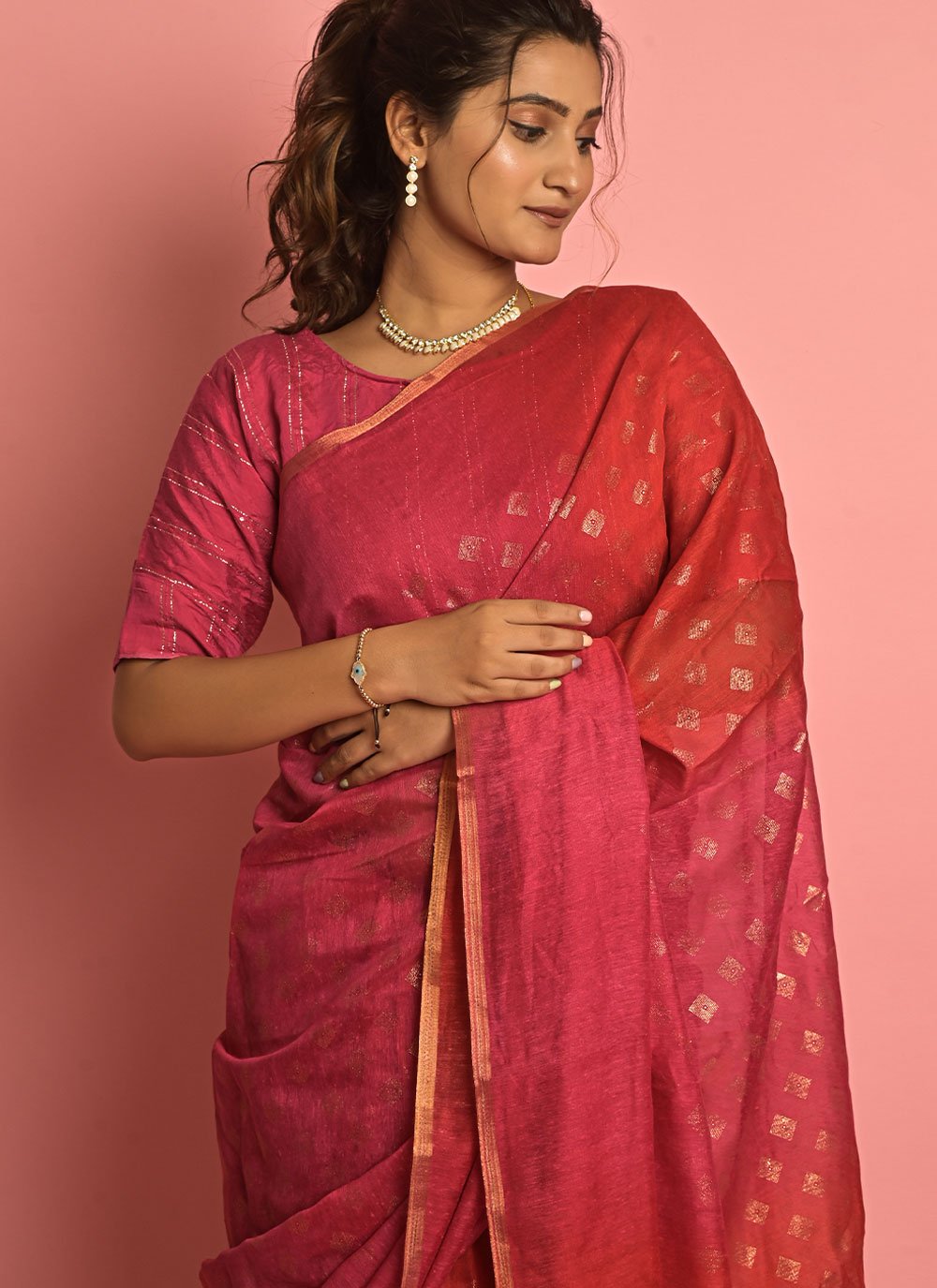 Classic Cotton Pink Fancy Work Saree