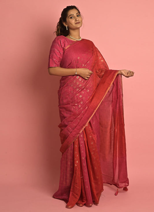 Classic Cotton Pink Fancy Work Saree