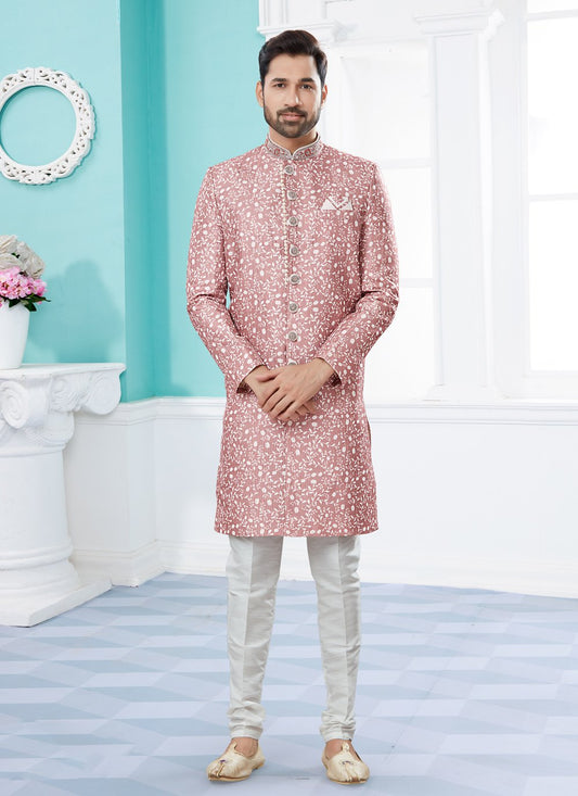 Indo Western Sherwani Fancy Fabric Pink Embroidered Mens