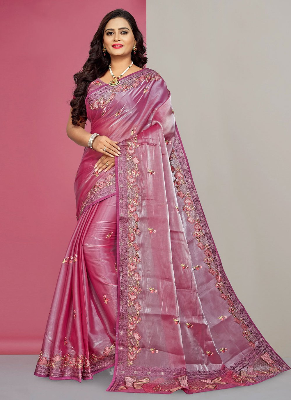 Trendy Saree Fancy Fabric Pink Embroidered Saree