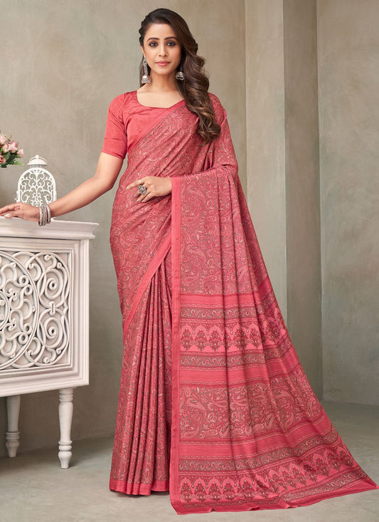 Contemporary Faux Crepe Silk Pink Print Saree