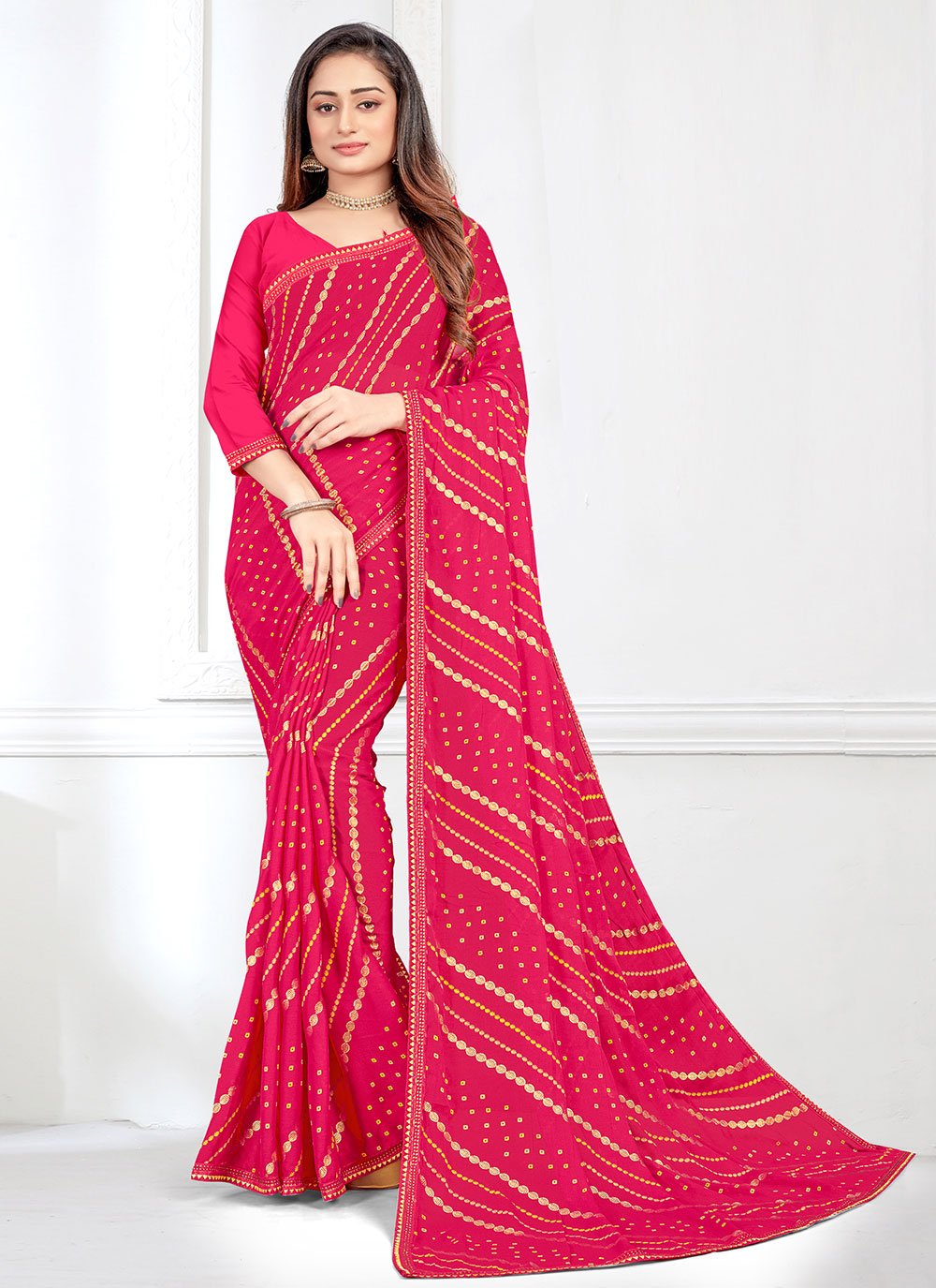 Classic Faux Crepe Pink Bandhej Saree