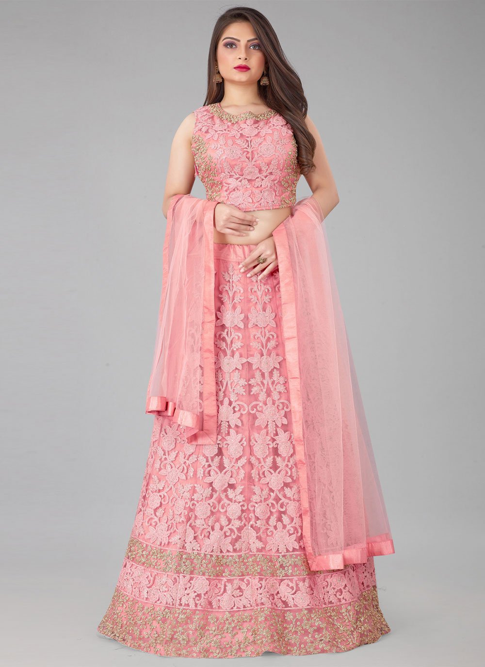 A Line Lehenga Net Pink Embroidered Lehenga Choli