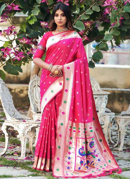 Designer Banarasi Silk Pink Woven Saree