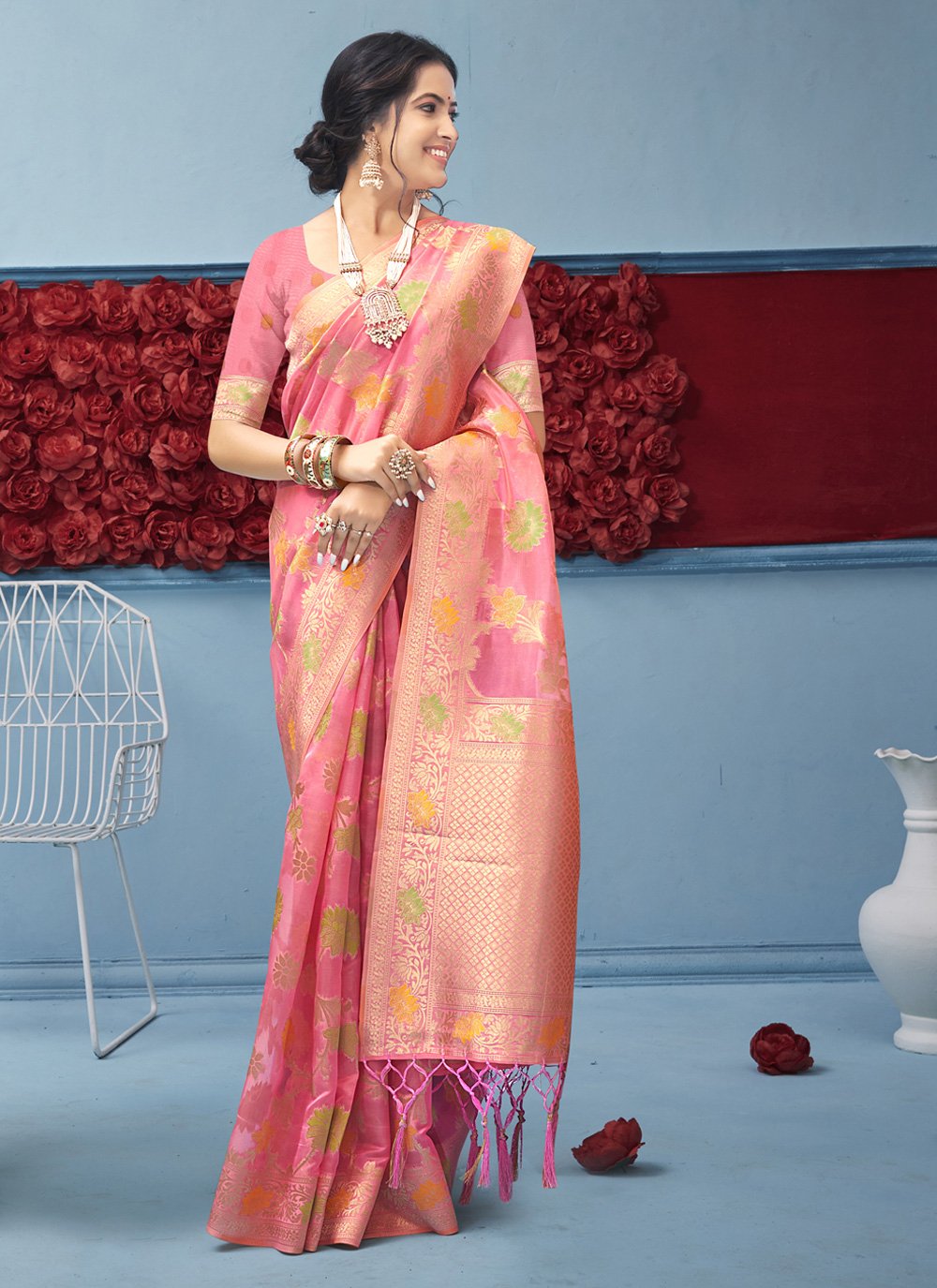 Designer Organza Pink Fancy Work Saree