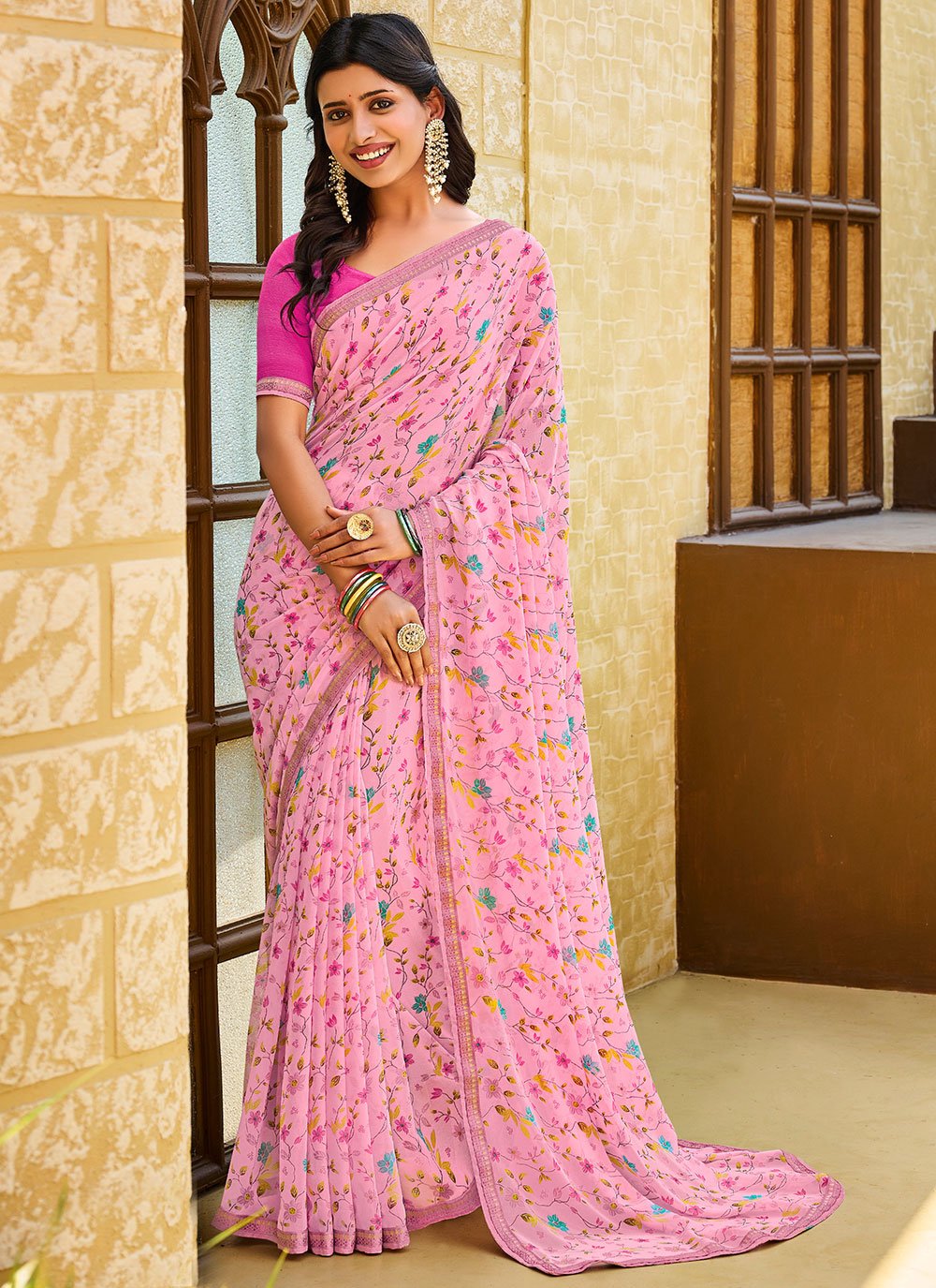 Classic Georgette Pink Fancy Work Saree