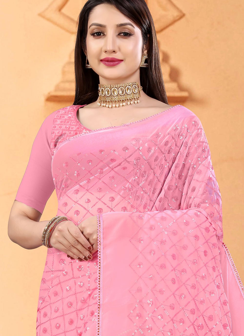 Contemporary Georgette Pink Sequins Saree