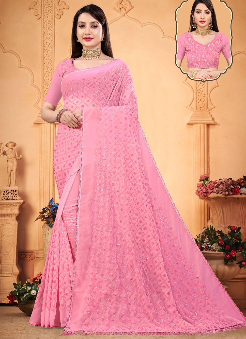 Contemporary Georgette Pink Sequins Saree