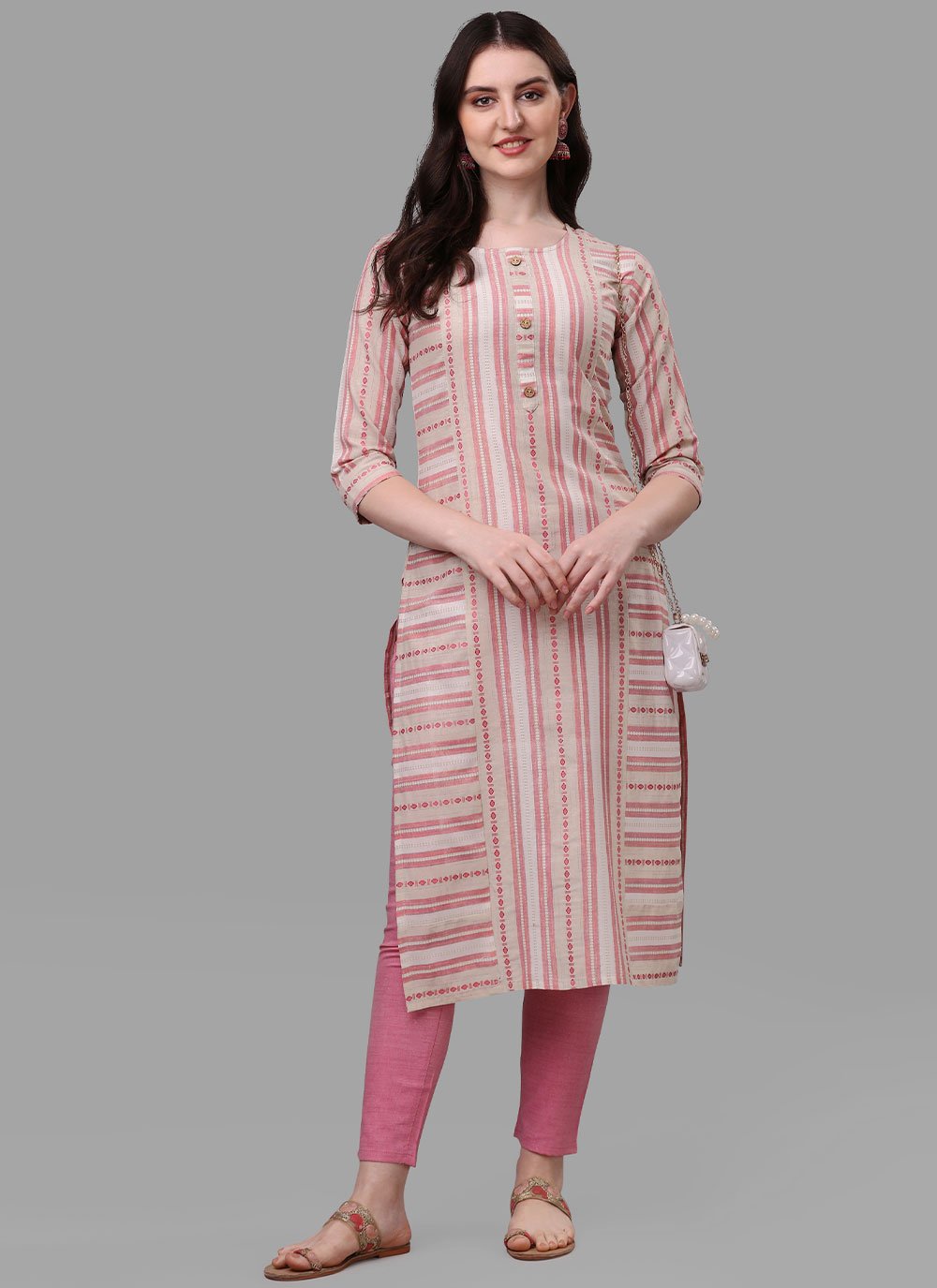 Casual Kurti Cotton Pink Weaving Kurtis