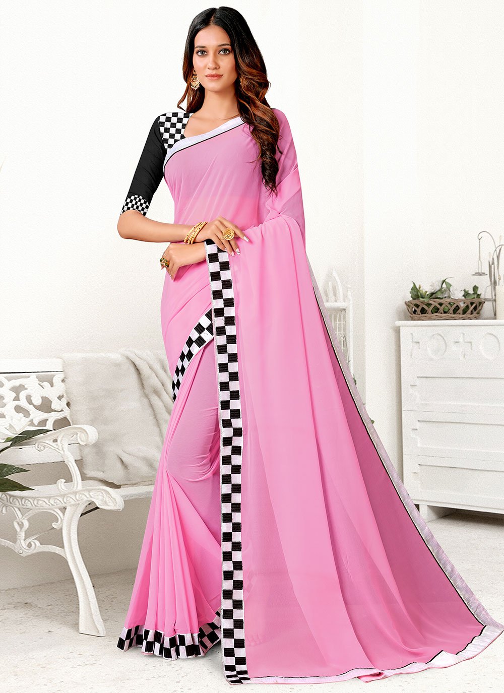 Contemporary Georgette Pink Plain Saree