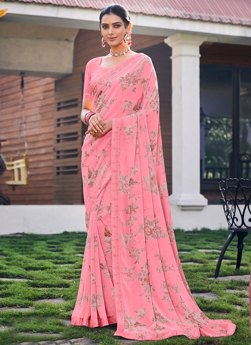 Designer Trendy Saree Georgette Pink Floral Patch Saree