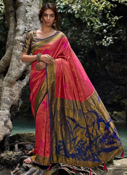 Contemporary Kanjivaram Silk Pink Woven Saree