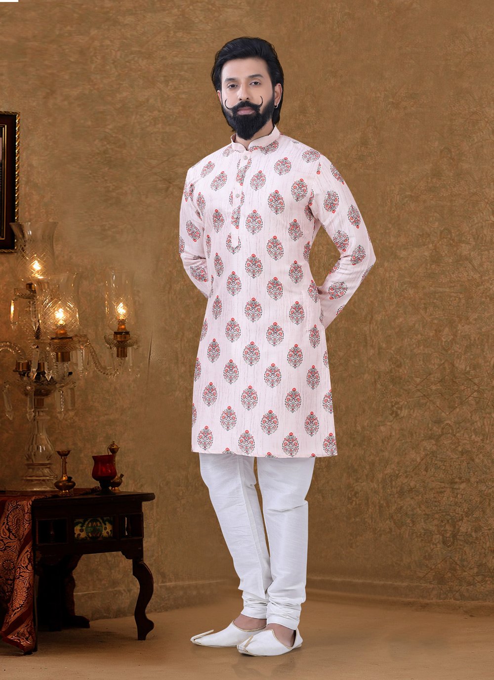 Kurta Pyjama Cotton Pink Digital Print Mens