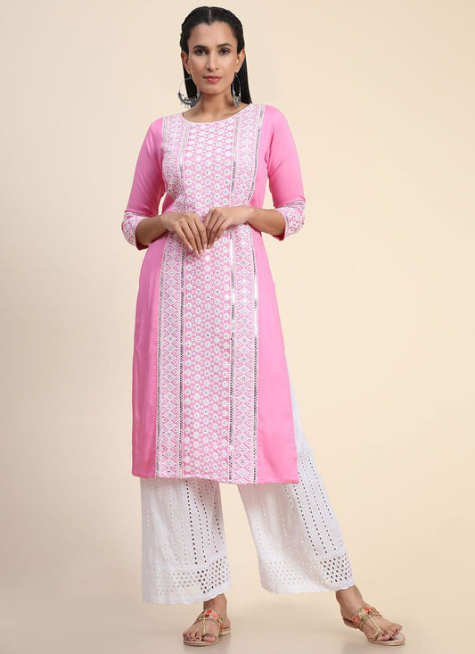 Designer Kurti Rayon Pink Embroidered Kurtis