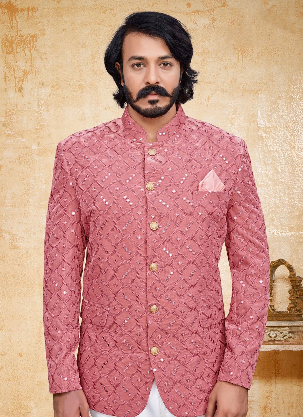 Jodhpuri Suit Velvet Pink Embroidered Mens
