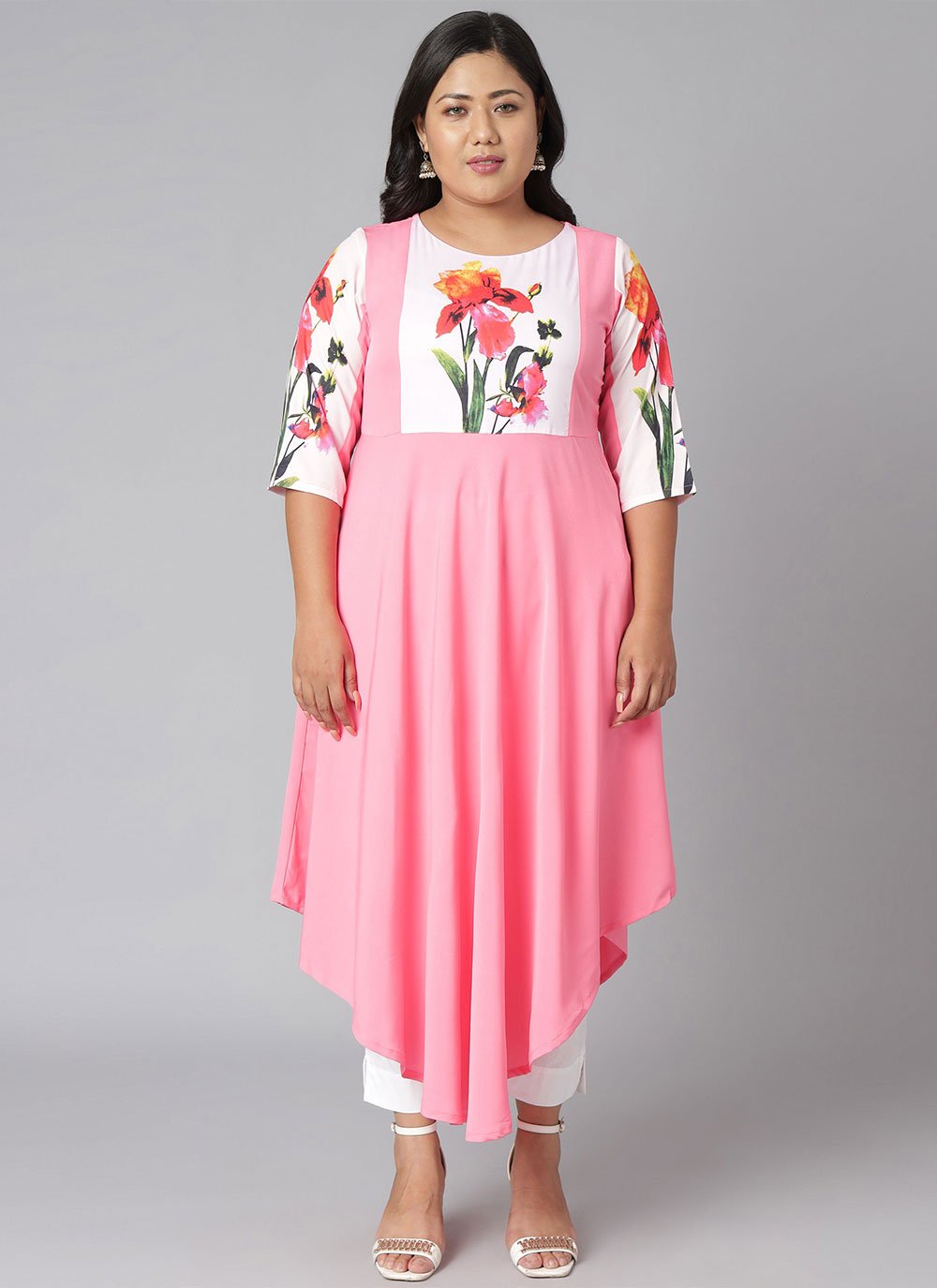 Designer Kurti Faux Crepe Pink Floral Patch Kurtis