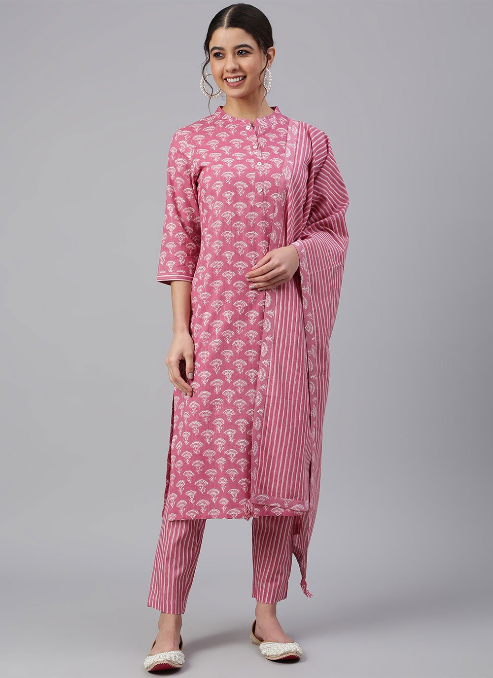 Pant Style Suit Cotton Pink Floral Patch Salwar Kameez