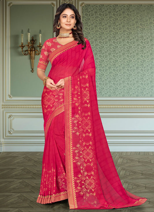 Classic Georgette Pink Foil Print Saree