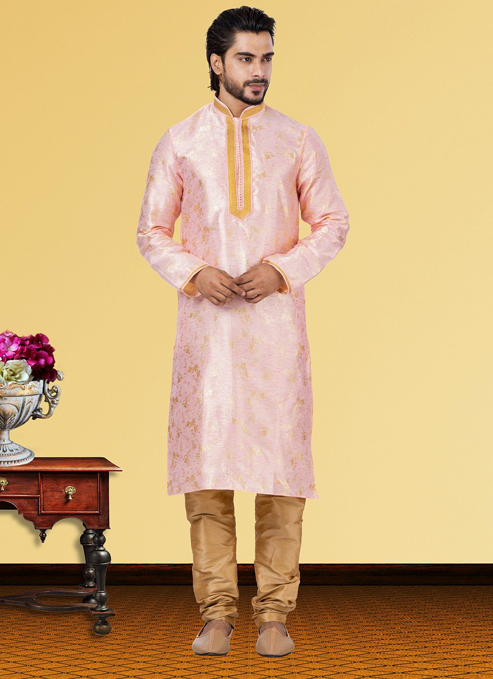 Kurta Pyjama Linen Silk Pink Foil Print Mens