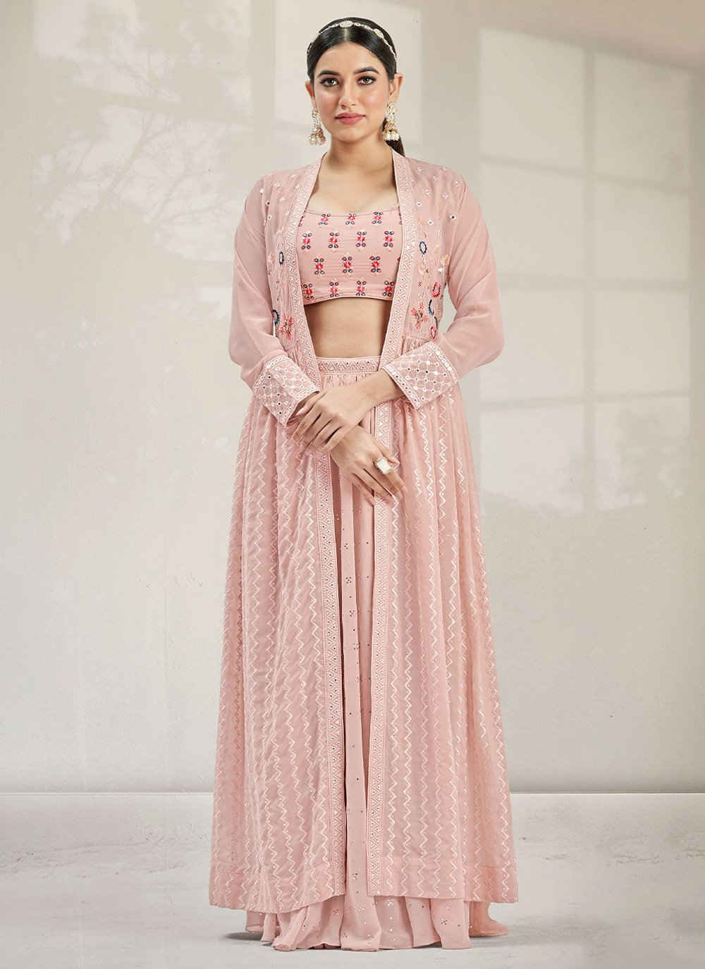 A Line Lehenga Georgette Pink Embroidered Lehenga Choli