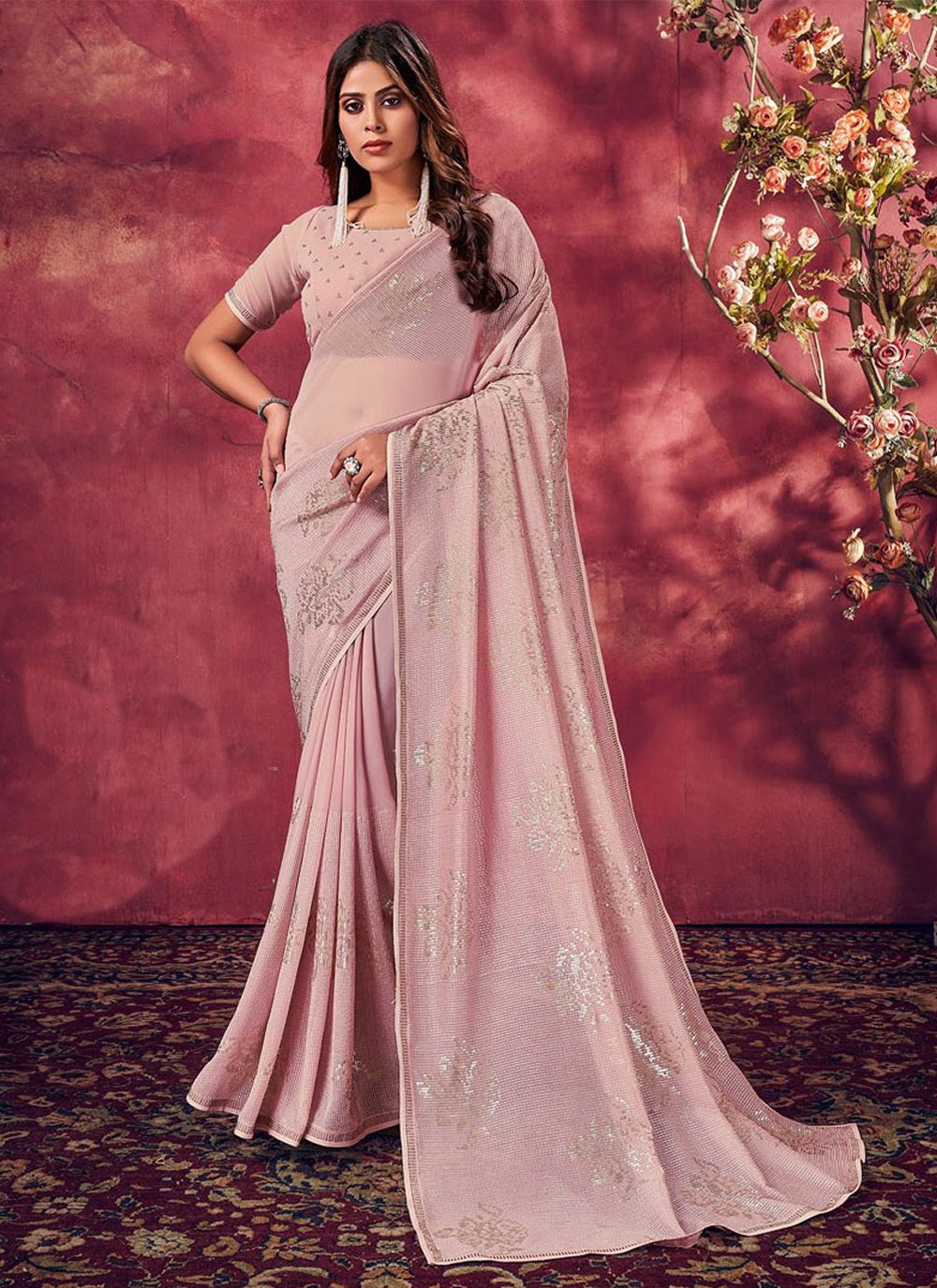 Classic Georgette Pink Fancy Work Saree