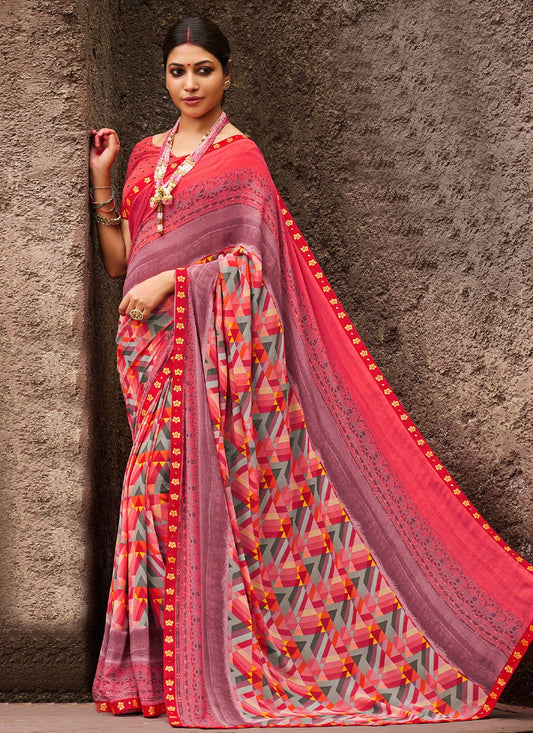 Contemporary Georgette Pink Print Saree