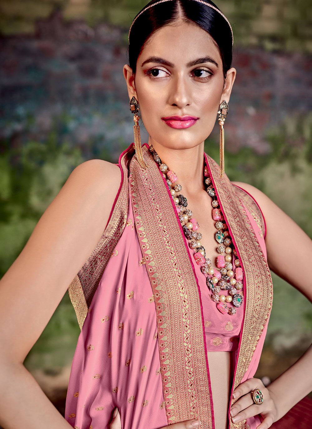 Contemporary Georgette Pink Foil Print Saree