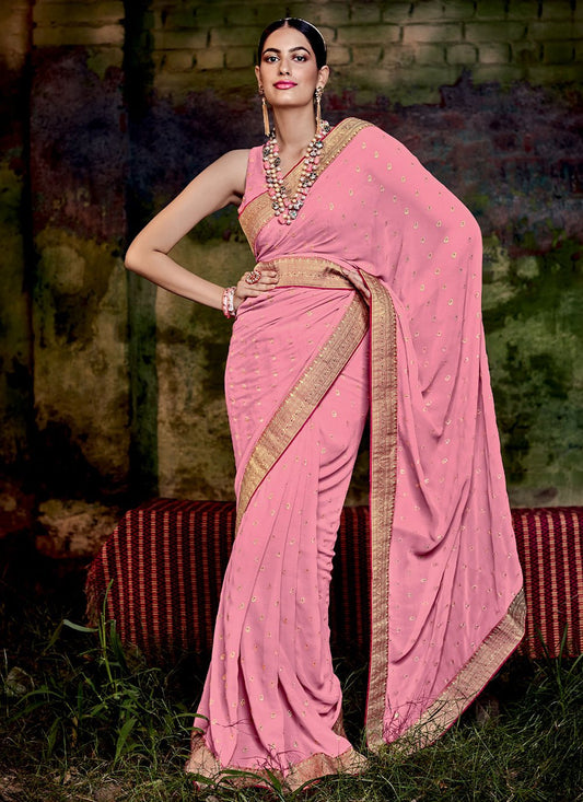 Contemporary Georgette Pink Foil Print Saree