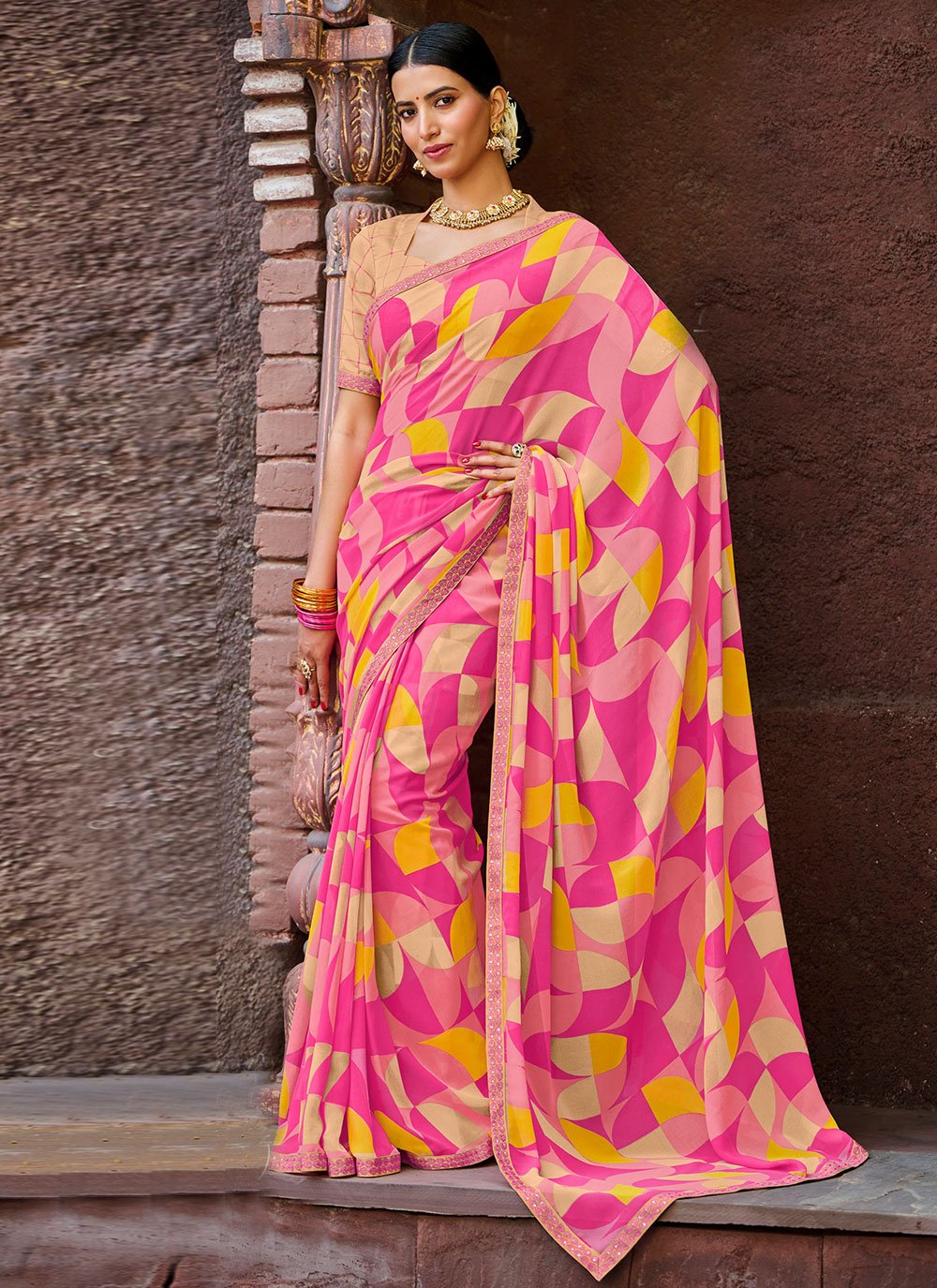 Contemporary Georgette Pink Fancy Work Saree