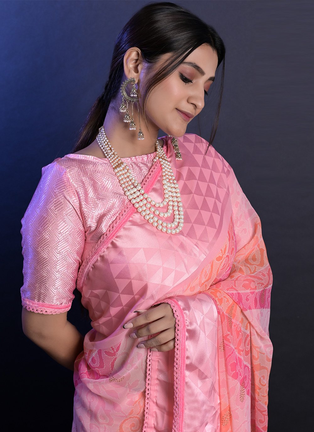 Contemporary Georgette Pink Jacquard Work Saree