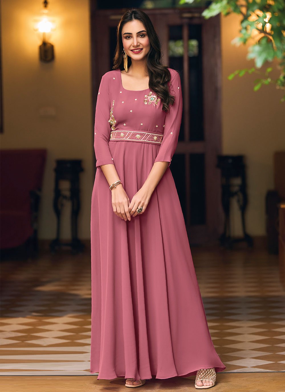 Designer Gown Georgette Pink Embroidered Gown