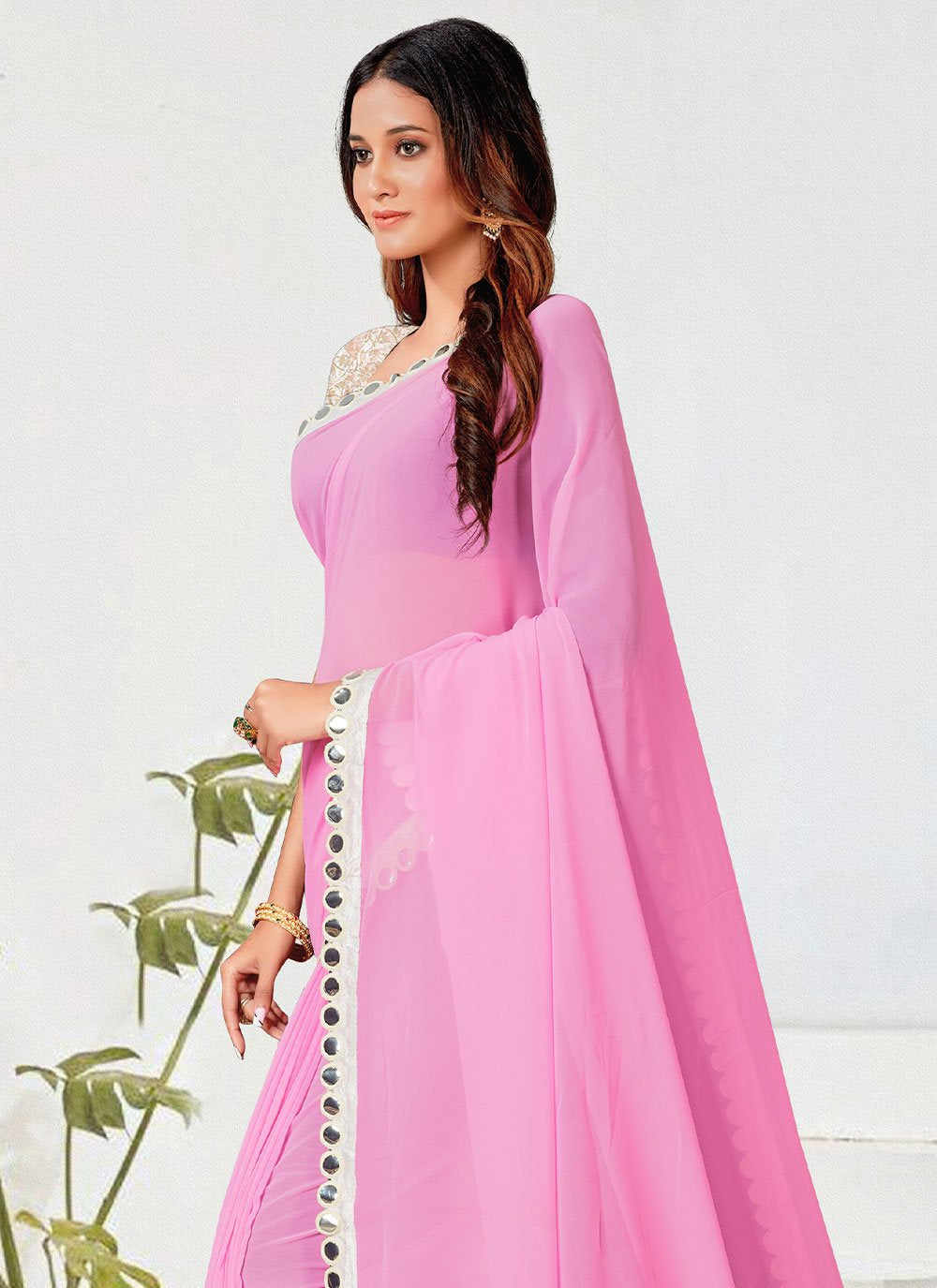 Classic Georgette Pink Embroidered Saree